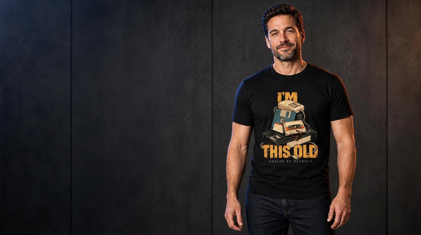 Man in zwart FoutPrint-shirt met de print I'm this old, analog by default