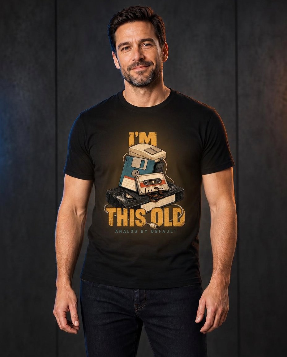 Man in zwart FoutPrint-shirt met de print I'm this old, analog by default
